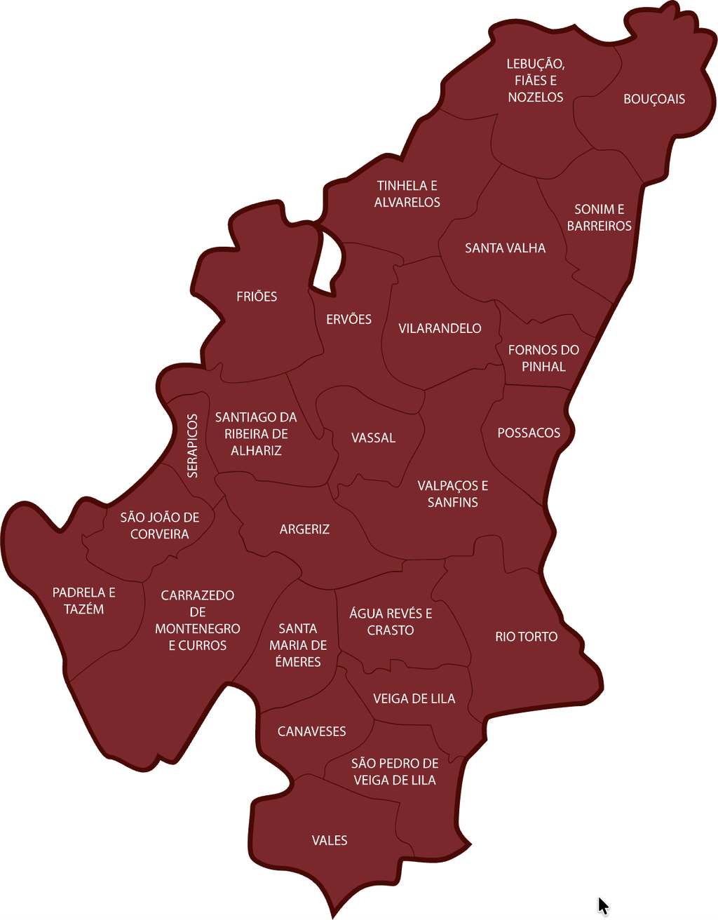 Mapa do Conselho de Valpa&ccedil;os com as Freguesias assinaladas